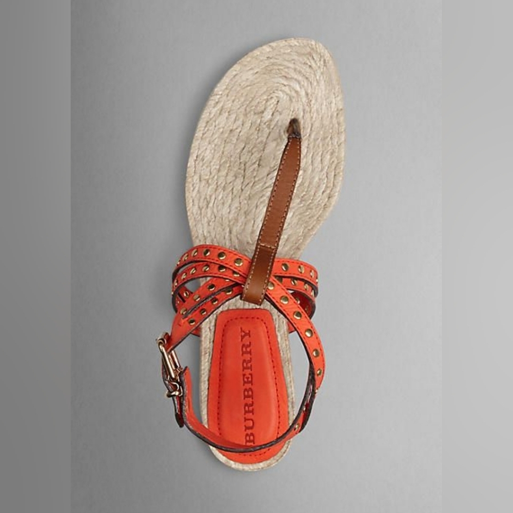 Burberry Vibrant Orange Studded Leather Espadrille Gladiator Sandals sz 7